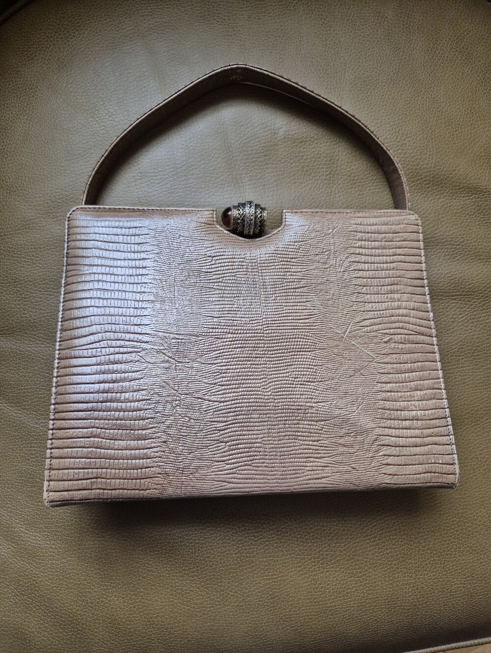 Vintage Lizard  Textured Top-Handle Bag in Taupe